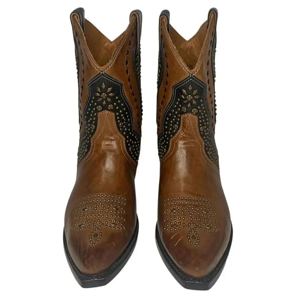 Frye Tulsa Stud Short Boot Size 7 Brown Black Studded Western Cowboy Ankle Boot